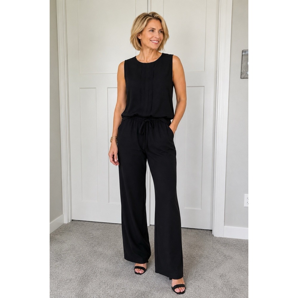 LOFT Black Sleeveless Jumpsuit Women's 12 Tie Waist Pockets - Picture 1 of 12
